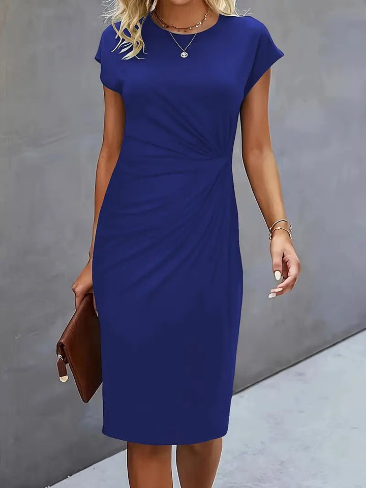 Damer Kortærmet Ruched Midi Bodycon Kjole - Navy Blue