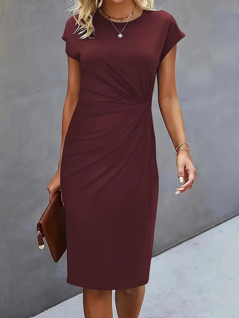 Damer Kortærmet Ruched Midi Bodycon Kjole - Wine Red