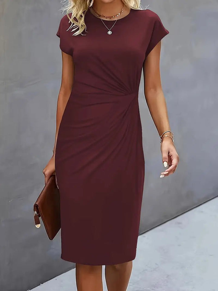 Damer Kortærmet Ruched Midi Bodycon Kjole - Wine Red