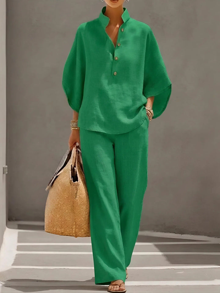 Damer Mandarin Krave Kimono Ærme Hør Sæt - Green