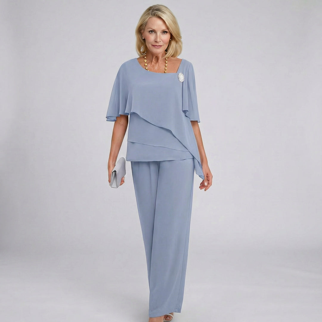 Damers Chiffon Cape-Ærme Two-Piece Set Bukser med Brede Ben - Grey-Blue