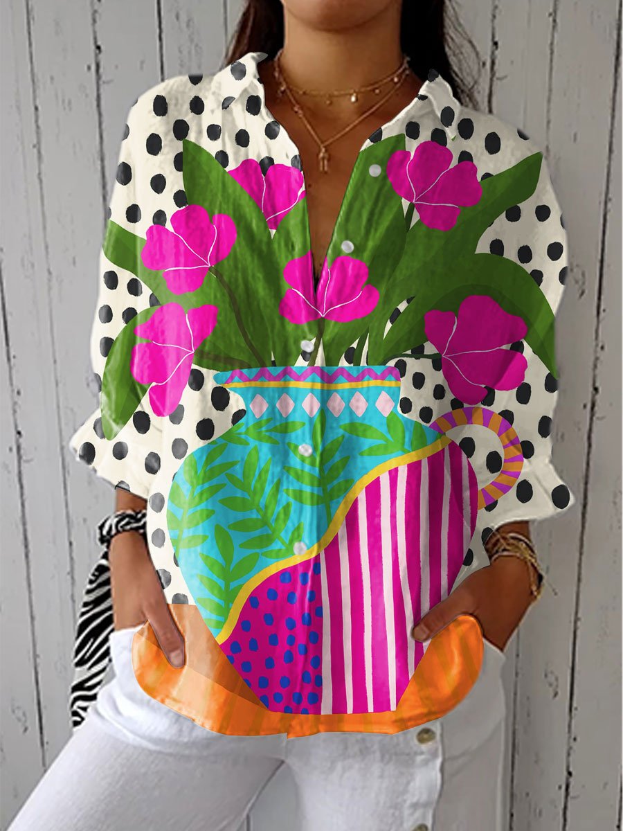 Dames Blomstervase Bluse med Polkaprikker - Multicolor