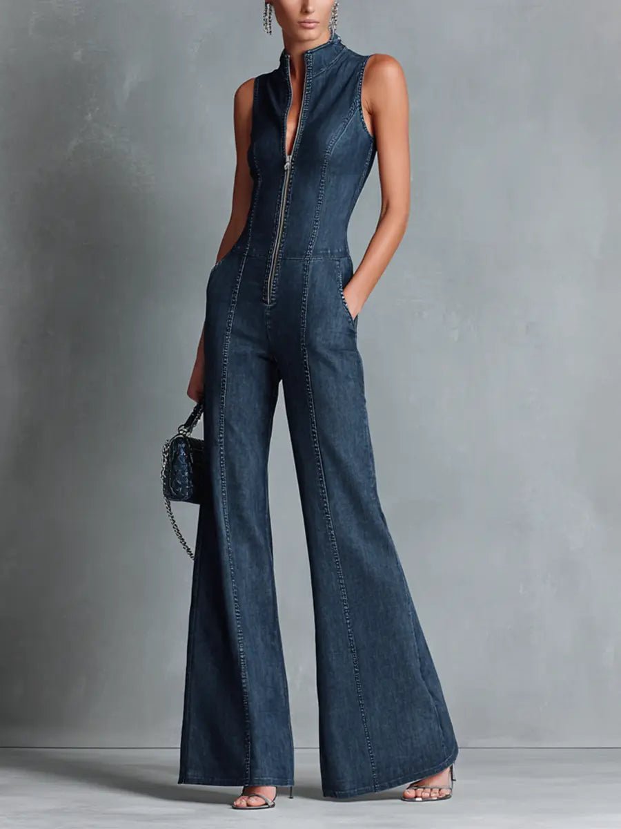 Dames Høj Hals Stretch Denim Flared Jumpsuit - Blue