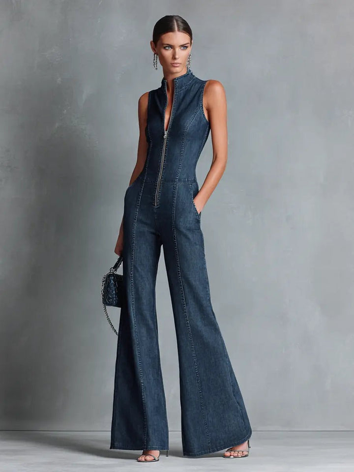 Dames Høj Hals Stretch Denim Flared Jumpsuit