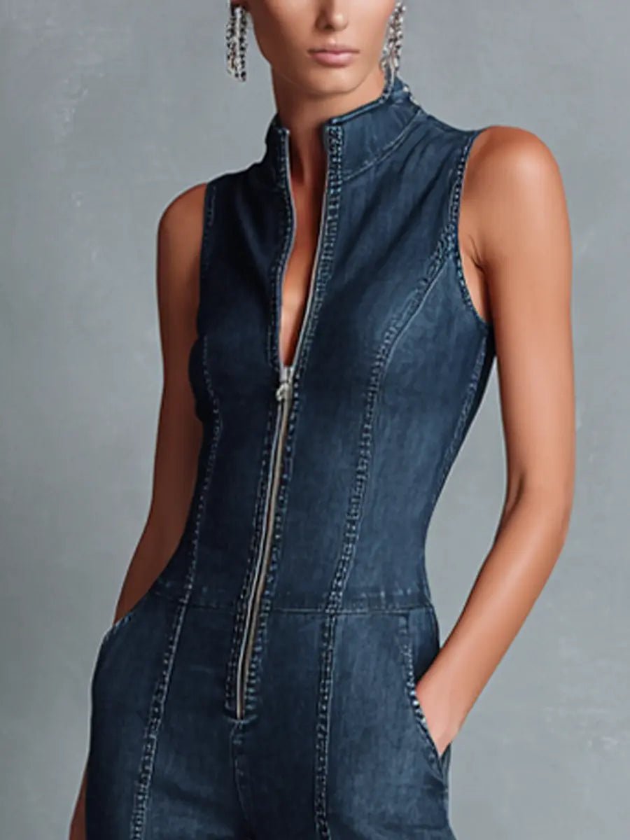 Dames Høj Hals Stretch Denim Flared Jumpsuit