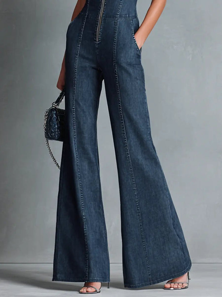 Dames Høj Hals Stretch Denim Flared Jumpsuit