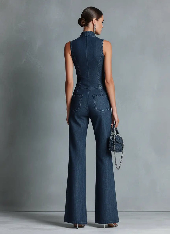 Dames Høj Hals Stretch Denim Flared Jumpsuit