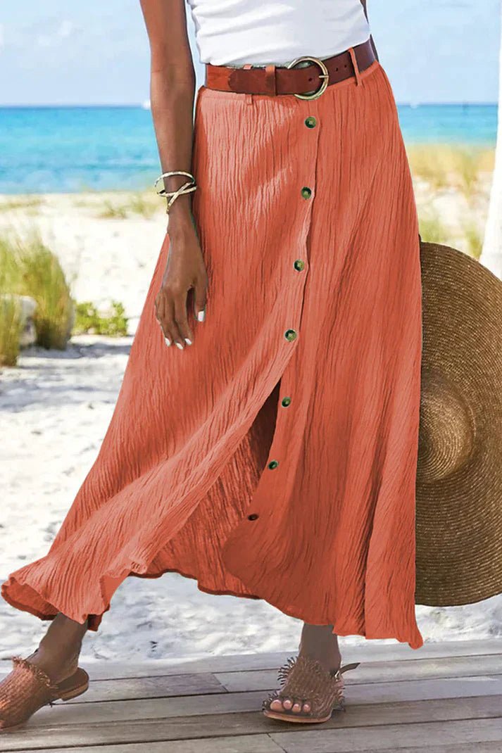 Dames Højtaljede Krøllet Linned-Look Maxi Knappeskørt - Mandarin red