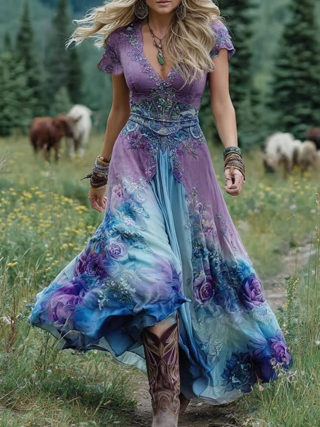 Dames V-hals Blomster Maxi Kjole - Purple