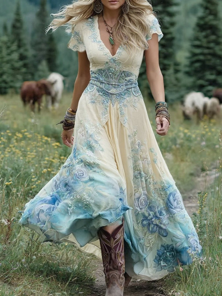 Dames V-hals Blomster Maxi Kjole - Blue