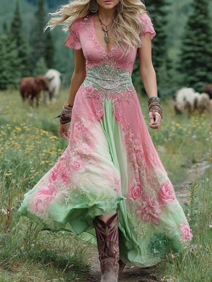 Dames V-hals Blomster Maxi Kjole - Pink
