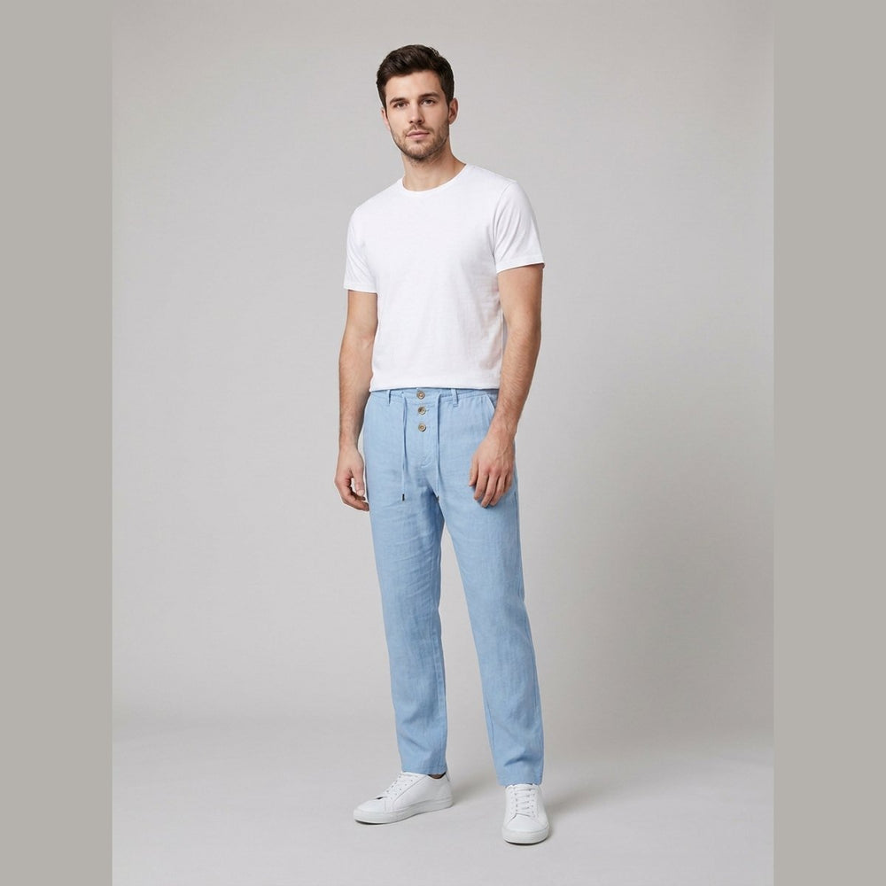 Herre Afslappet Pasform Linned Bukser Elastisk Talje Snøre - Light Blue