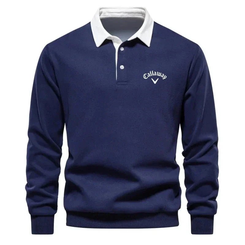 Herre Langærmet Kontrast-Krave Strikket Polo Sweatshirt - Navy Blue