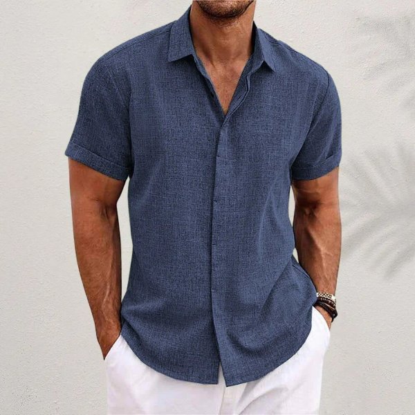 Herre Linen Kortærmet Skjorte Regular Fit Casual - Royal Blue