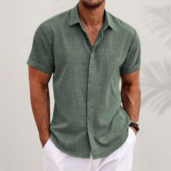 Herre Linen Kortærmet Skjorte Regular Fit Casual - Army Green