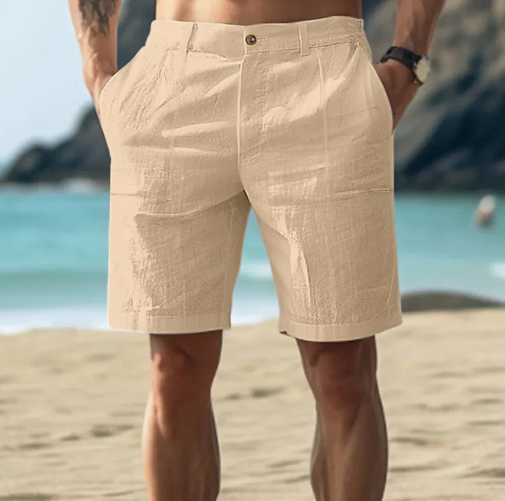 Herre Linen Shorts Casual Flat-Front Sommer - Khaki