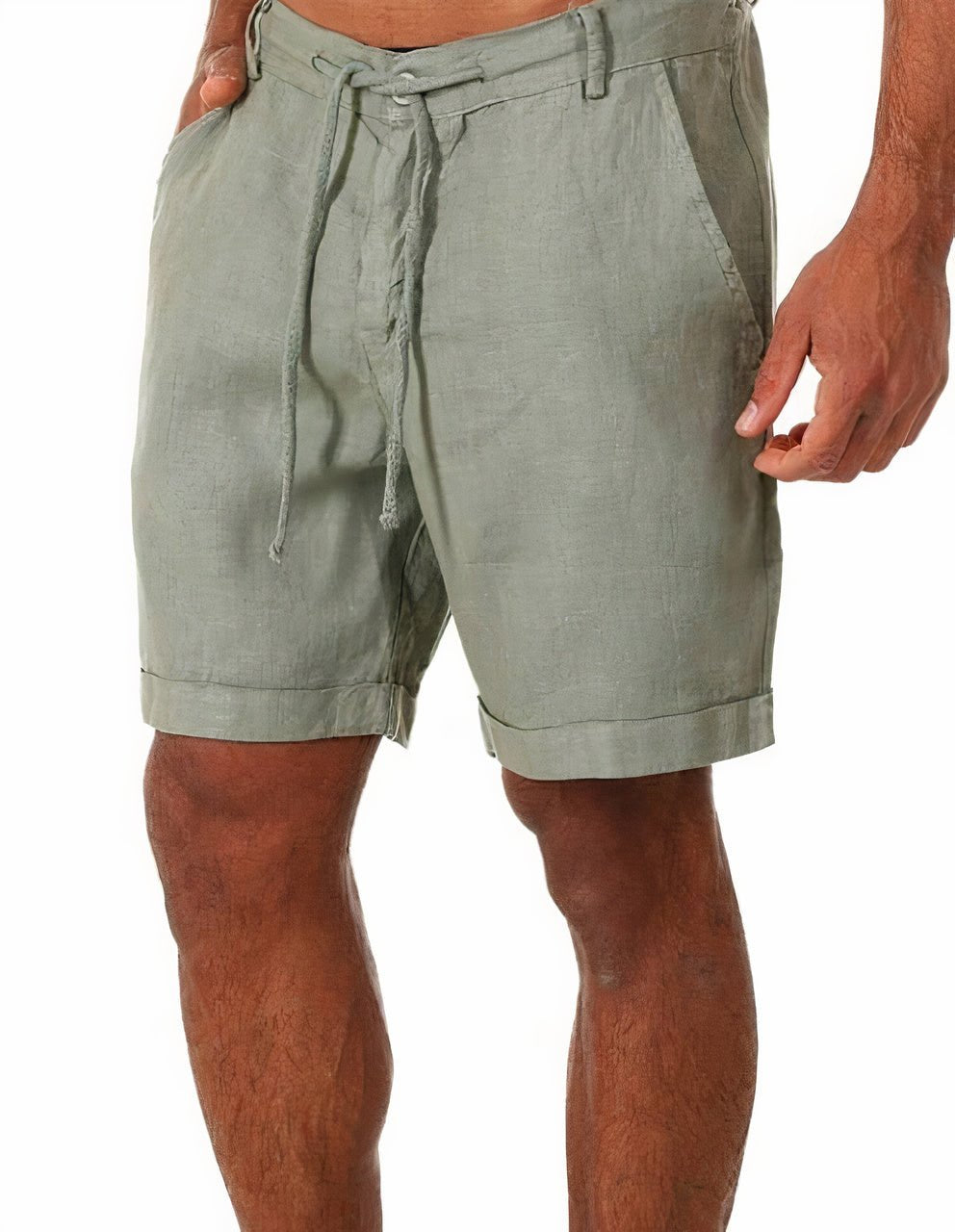 Herre Linen Shorts med Manchetter og Snørebånd - Green