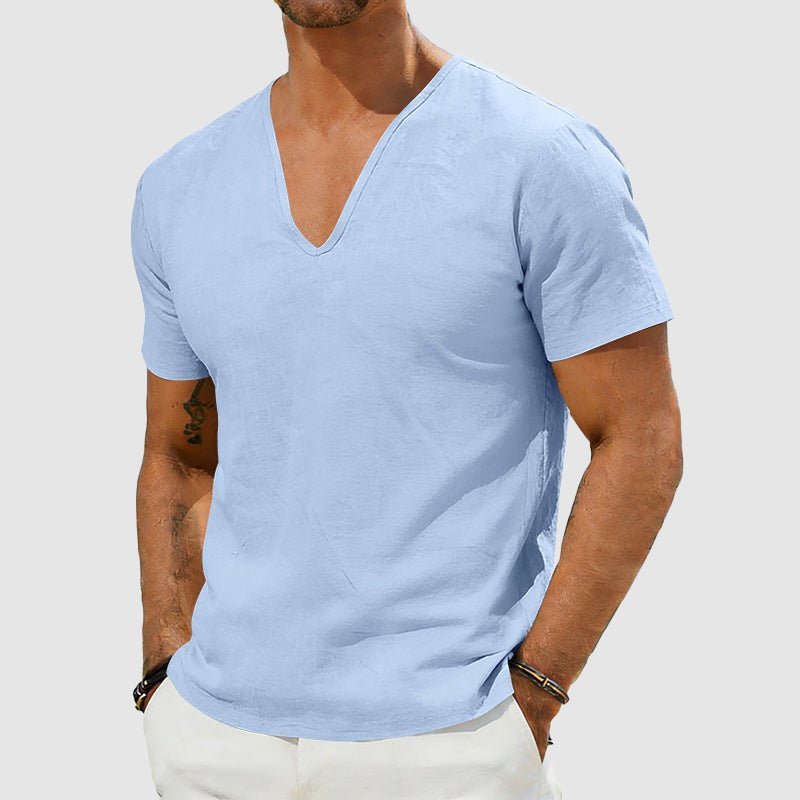 Herre Linned V-hals T-shirt Korte Ærmer Afslappet - Blue