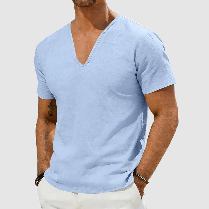Herre Linned V-hals T-shirt Korte Ærmer Afslappet - Blue