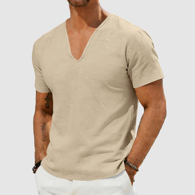 Herre Linned V-hals T-shirt Korte Ærmer Afslappet - Khaki