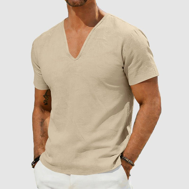 Herre Linned V-hals T-shirt Korte Ærmer Afslappet - Khaki