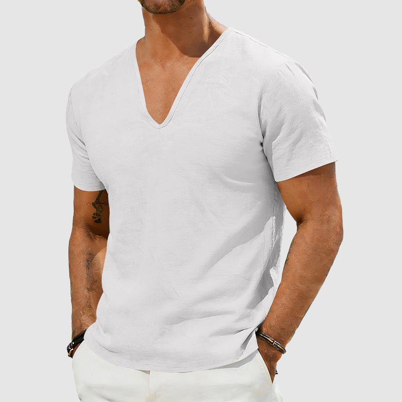 Herre Linned V-hals T-shirt Korte Ærmer Afslappet - White