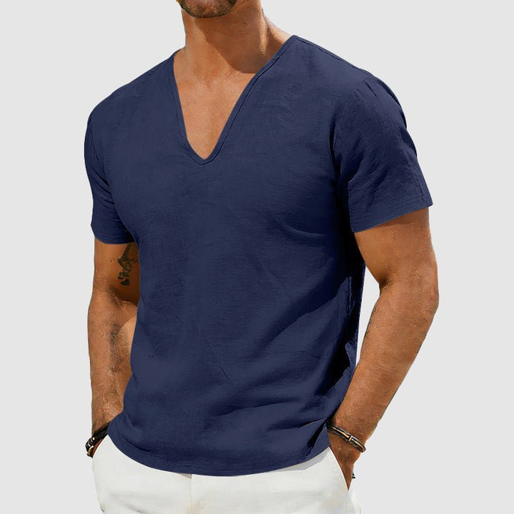 Herre Linned V-hals T-shirt Korte Ærmer Afslappet - Dark Blue