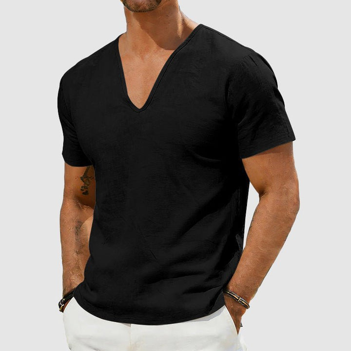 Herre Linned V-hals T-shirt Korte Ærmer Afslappet - Black