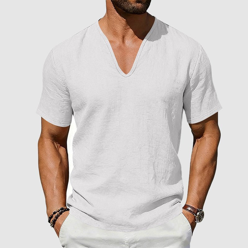 Herre Linned V-hals T-shirt Korte Ærmer Afslappet