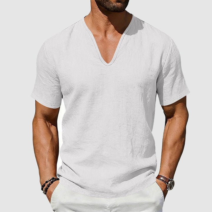 Herre Linned V-hals T-shirt Korte Ærmer Afslappet