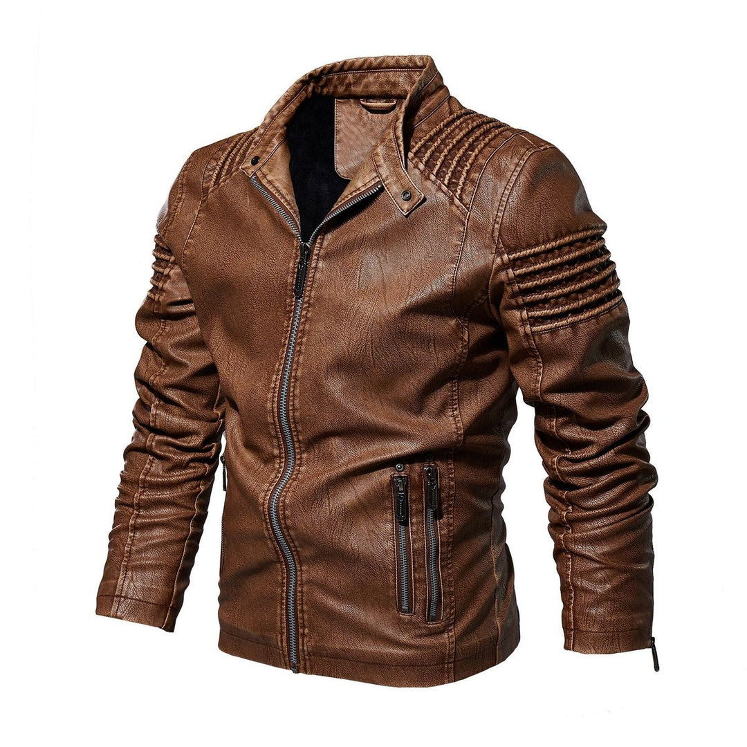 Herre motorcykel leather jacket strukturerede skuldre lynlås
