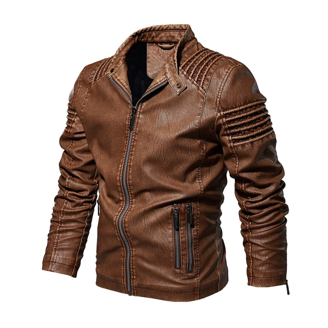 Herre motorcykel leather jacket strukturerede skuldre lynlås - Khaki