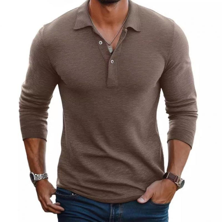 Herre Satin Langærmet Polo Shirt Slim Fit - Camel