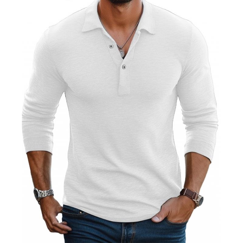 Herre Satin Langærmet Polo Shirt Slim Fit - White