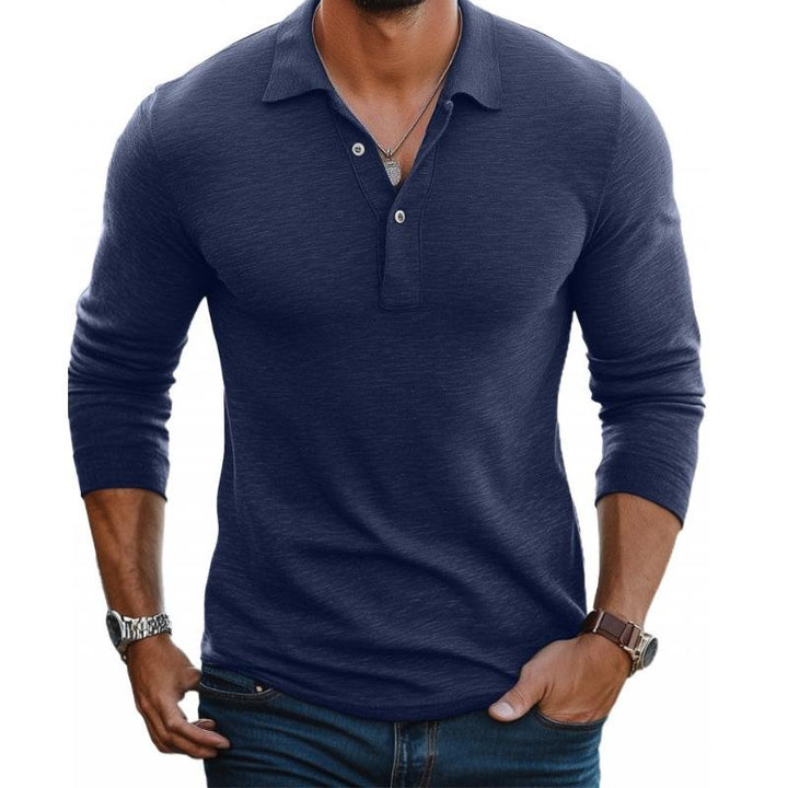 Herre Satin Langærmet Polo Shirt Slim Fit - Navy Blue