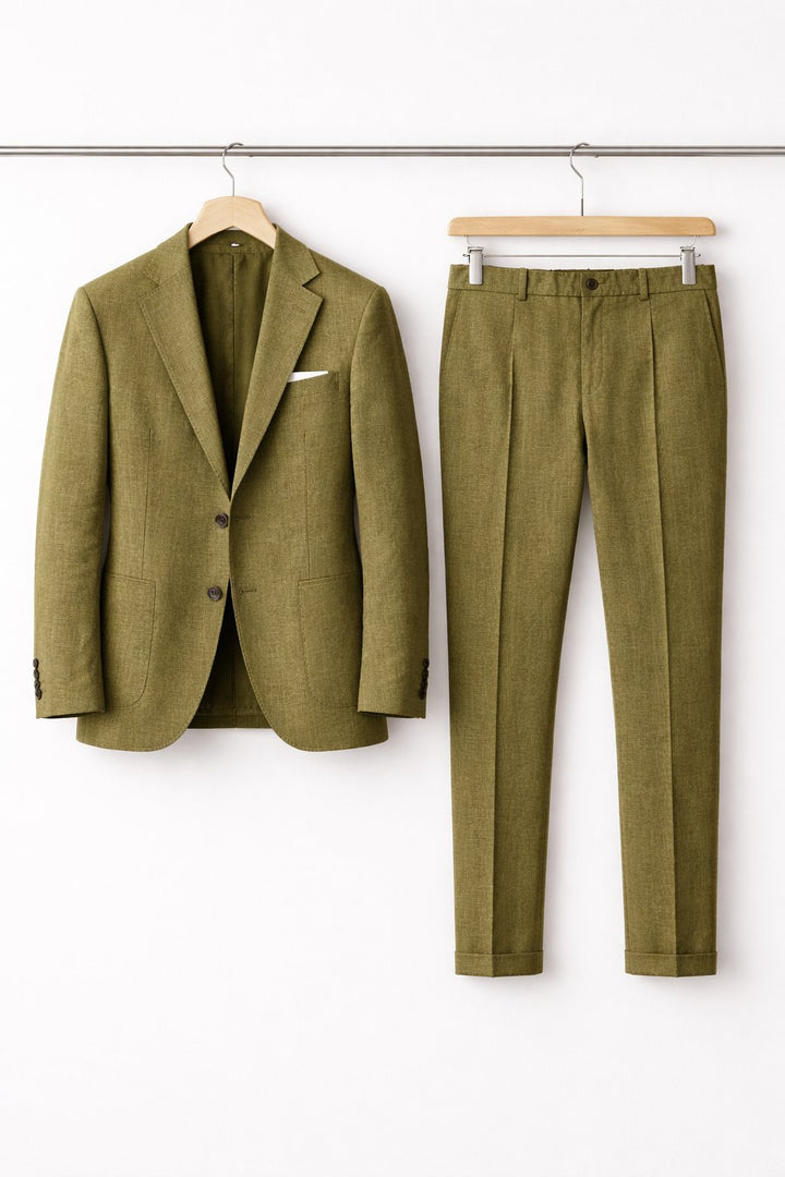 Herre Slim-Fit Two-Piece Set Struktureret Businesskjole - Olive Green
