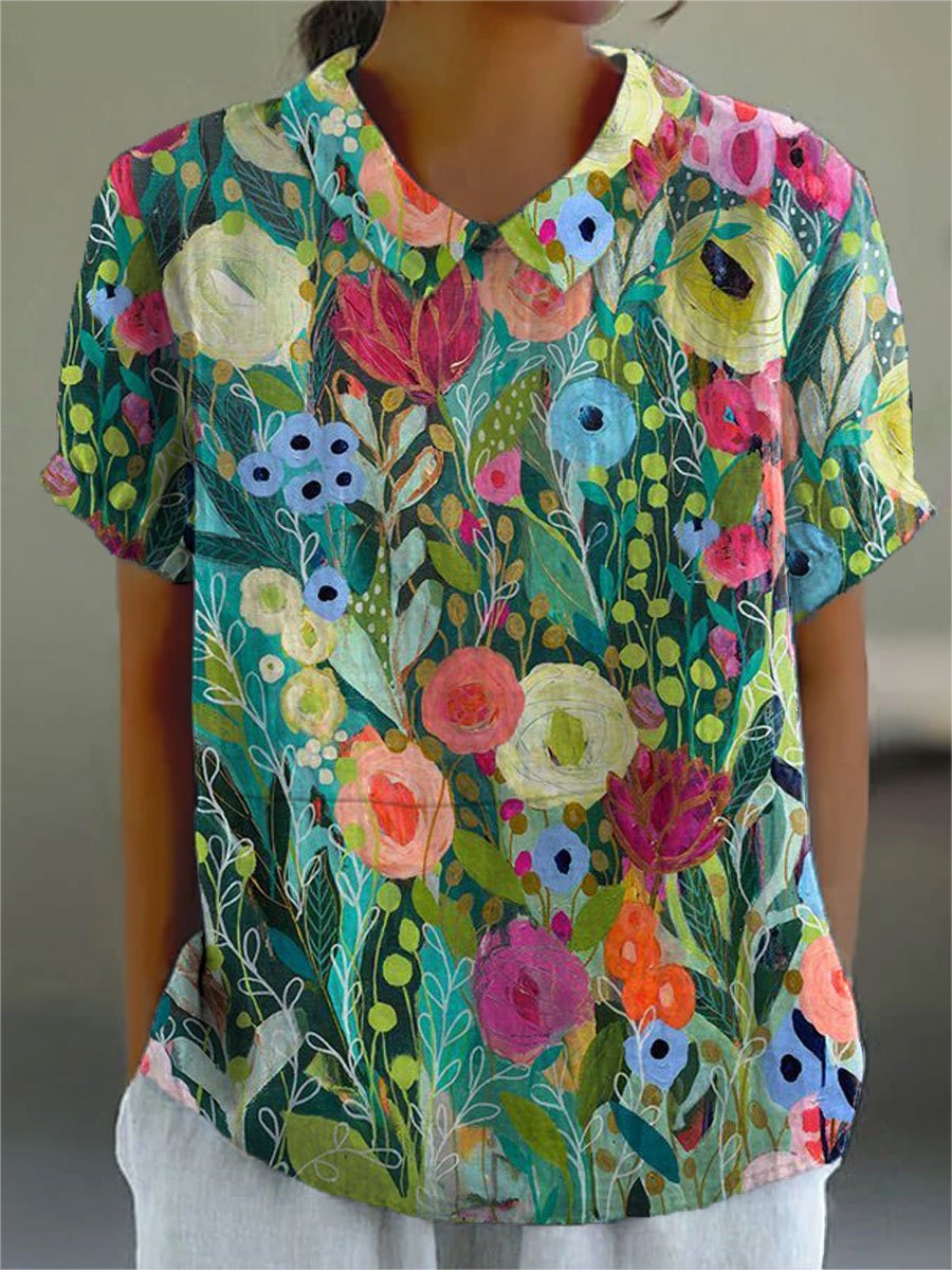 Kvinder Akvarel Blomsterprint Kortærmet Skjorte - Multicolor
