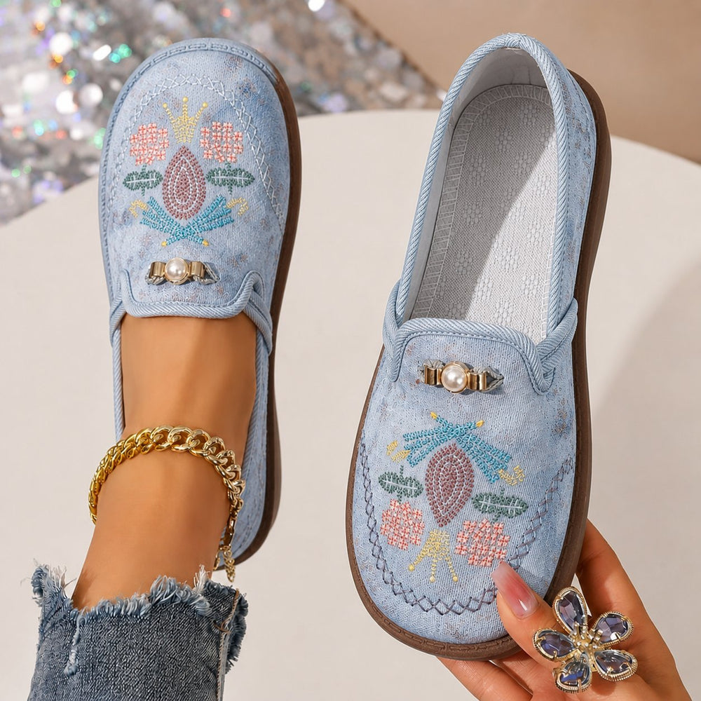 Kvinder Broderet Blomster Slip-On Loafers - Gray