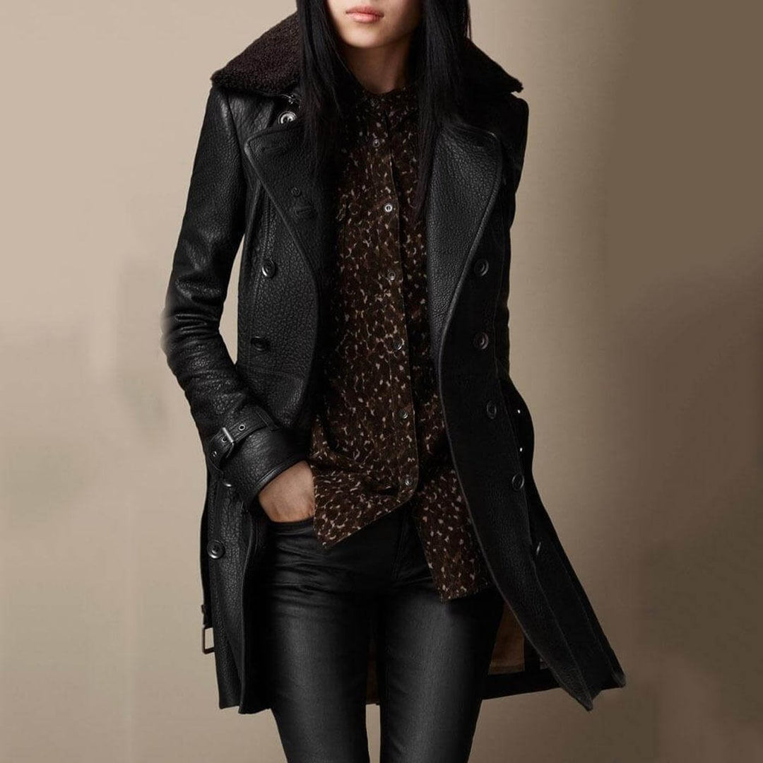 Kvinders 3/4 Dobbeltknappet Sheepskin-Krave Leather Jacket
