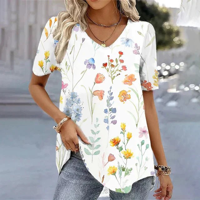 Kvinders Blomstret V-Hals Kortermet Top - Beige