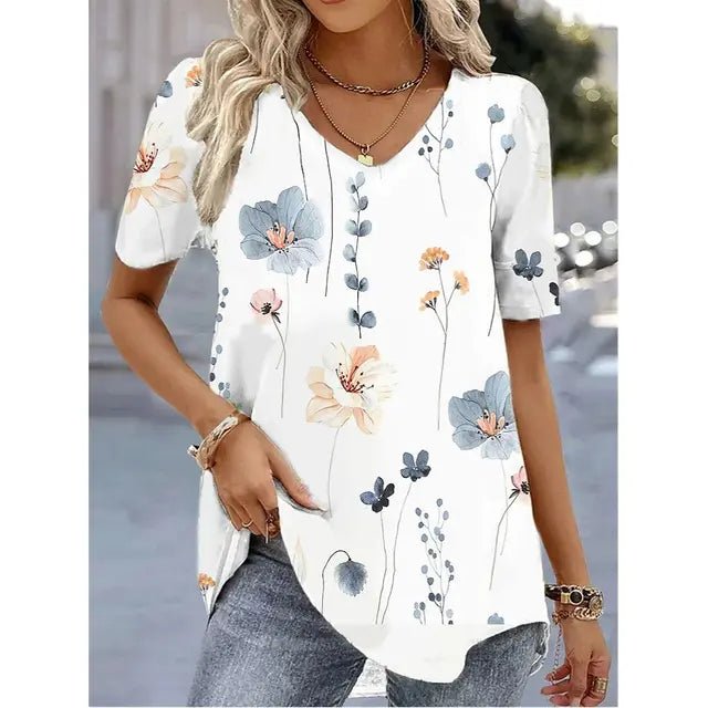 Kvinders Blomstret V-Hals Kortermet Top - White