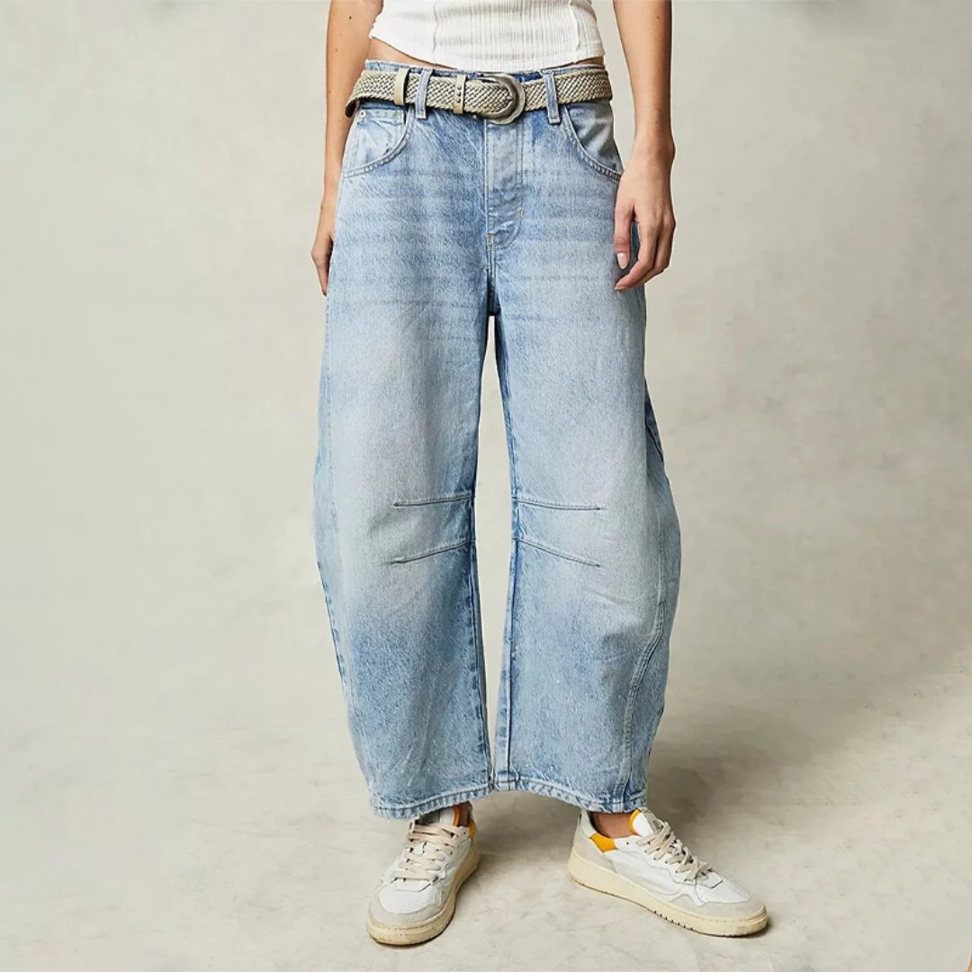 Kvinders Cropped Barrel Leg Denim Jeans Mid-Rise - Light Blue