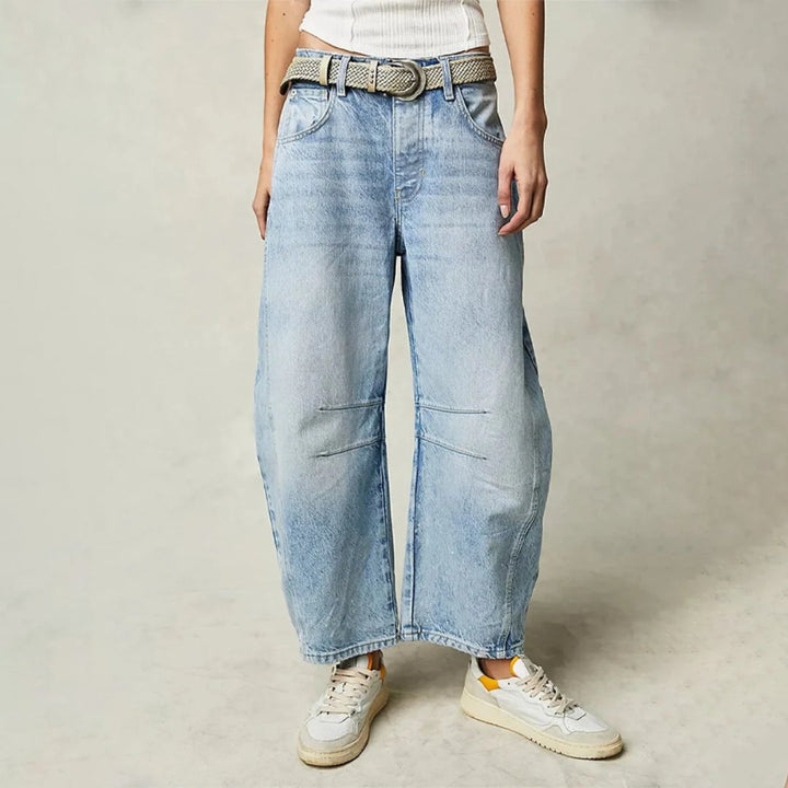 Kvinders Cropped Barrel Leg Denim Jeans Mid-Rise - Light Blue