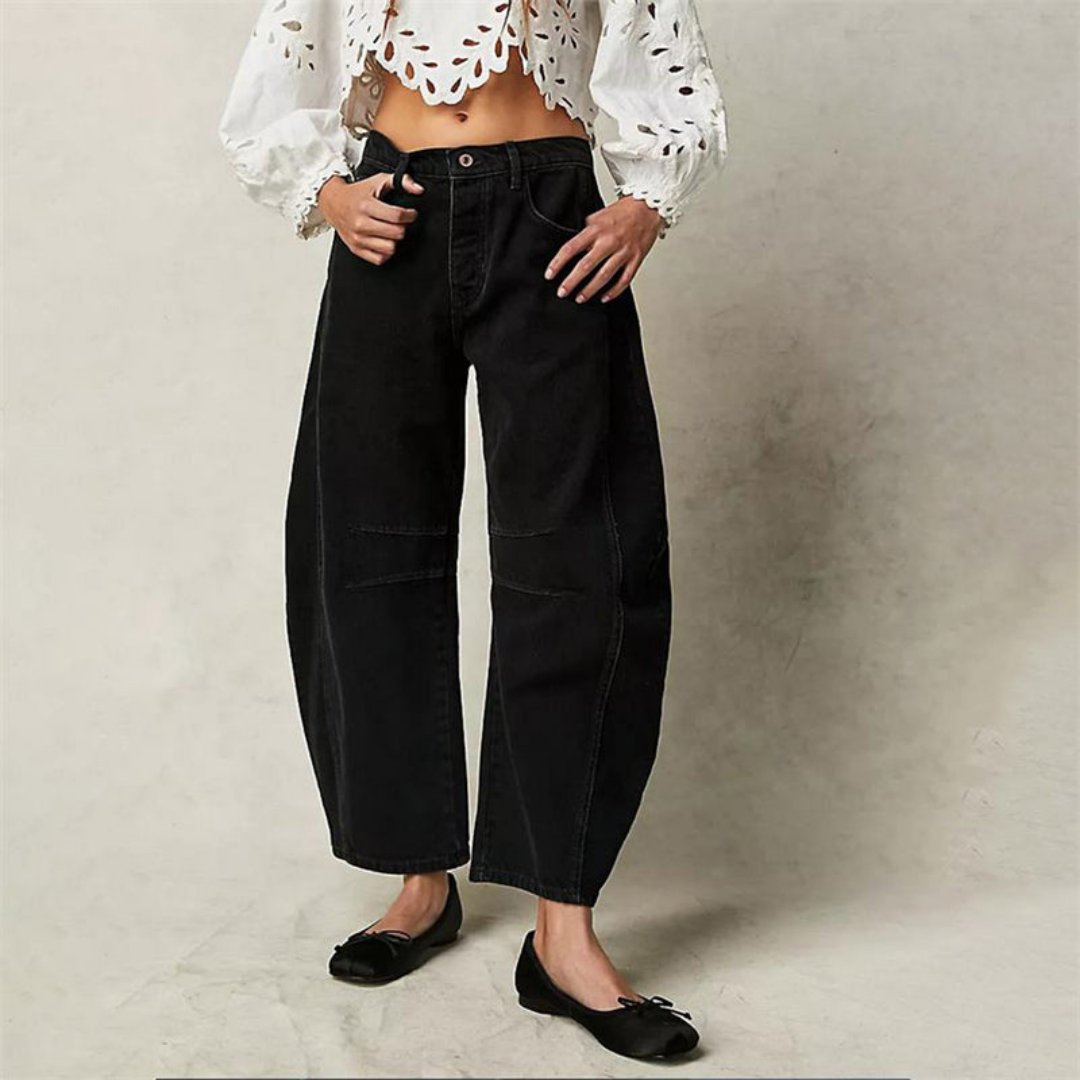 Kvinders Cropped Barrel Leg Denim Jeans Mid-Rise - Black