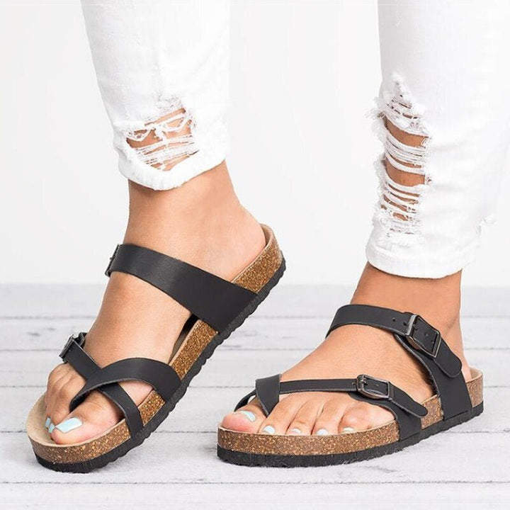 Kvinders Flade Korkbund Tåring Spændestrop Sandaler - Black