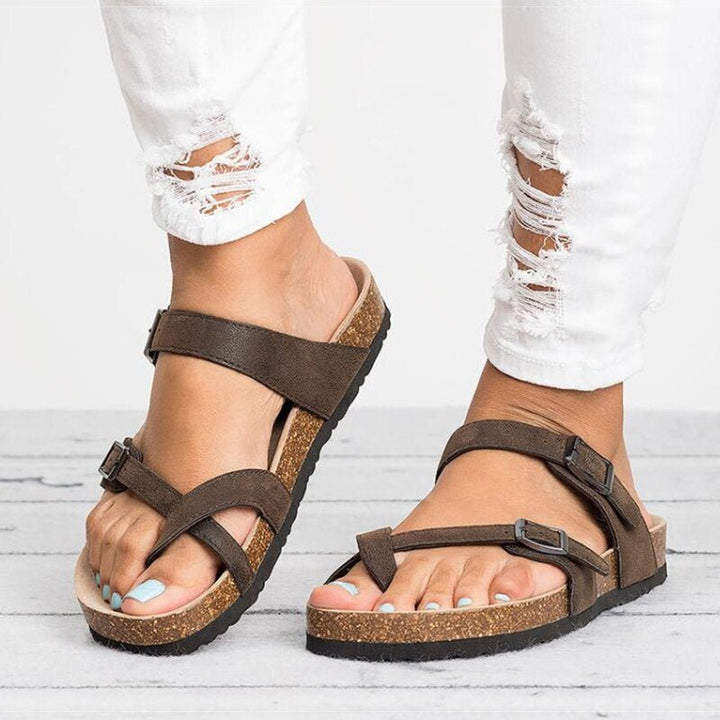 Kvinders Flade Korkbund Tåring Spændestrop Sandaler - Brown
