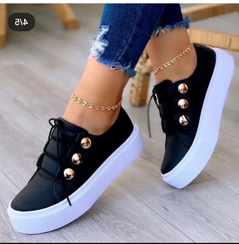 Kvinders Ortopædiske Plateau Sneakers Snørebånd Guldnitter - Black (Almost sold out!)