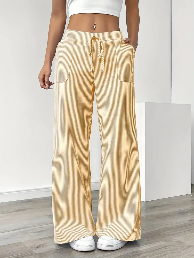 Linen Bukser Stribede Wide Leg med Lommer - Yellow