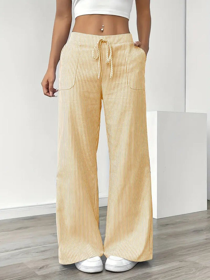 Linen Bukser Stribede Wide Leg med Lommer - Yellow
