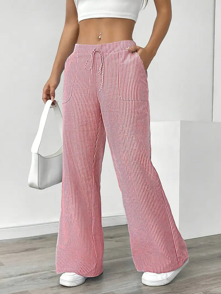 Linen Bukser Stribede Wide Leg med Lommer